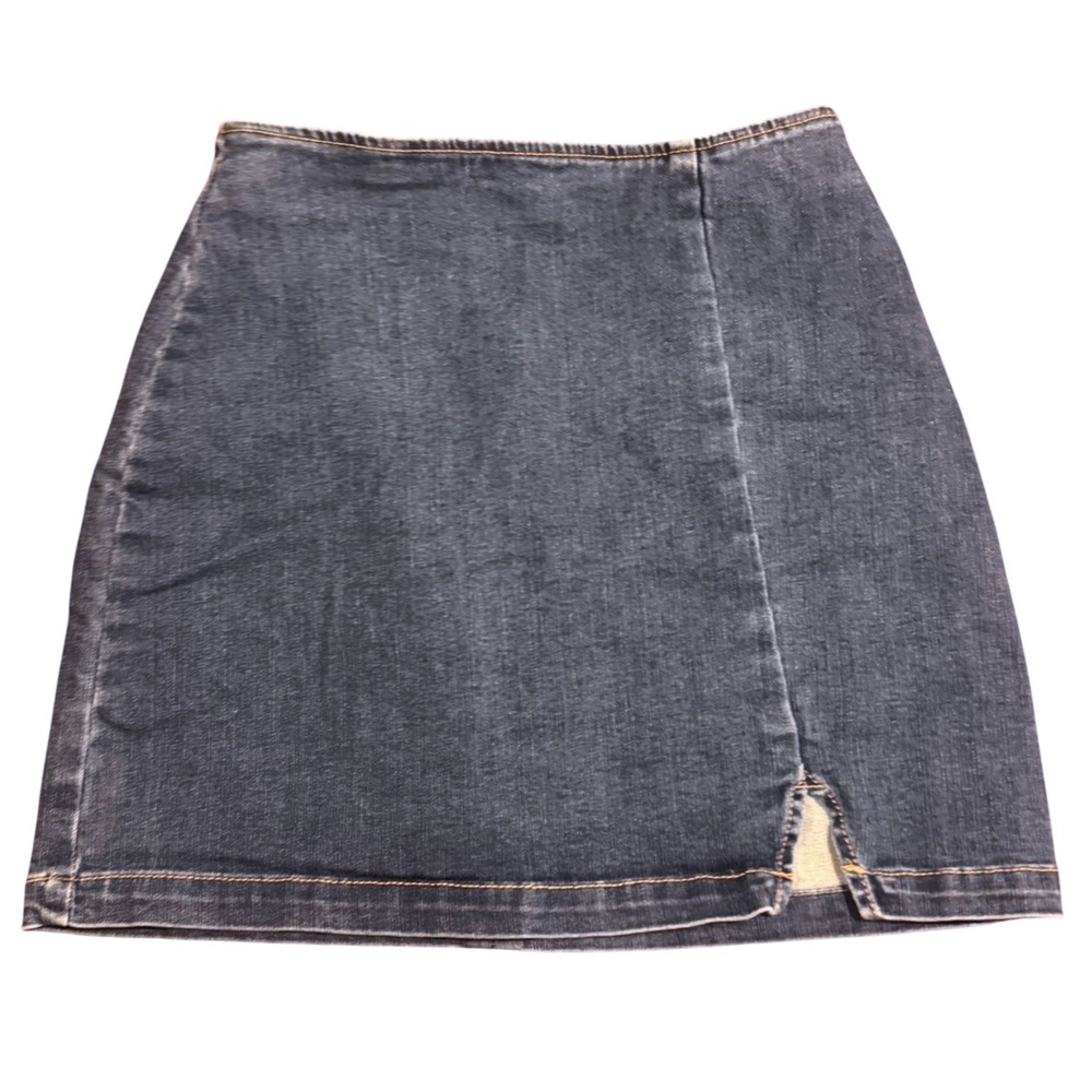 Denim Mini Skirt Y2K Side Slit Back Zip Womens 24 Waist Stretchy 90s Academia XS